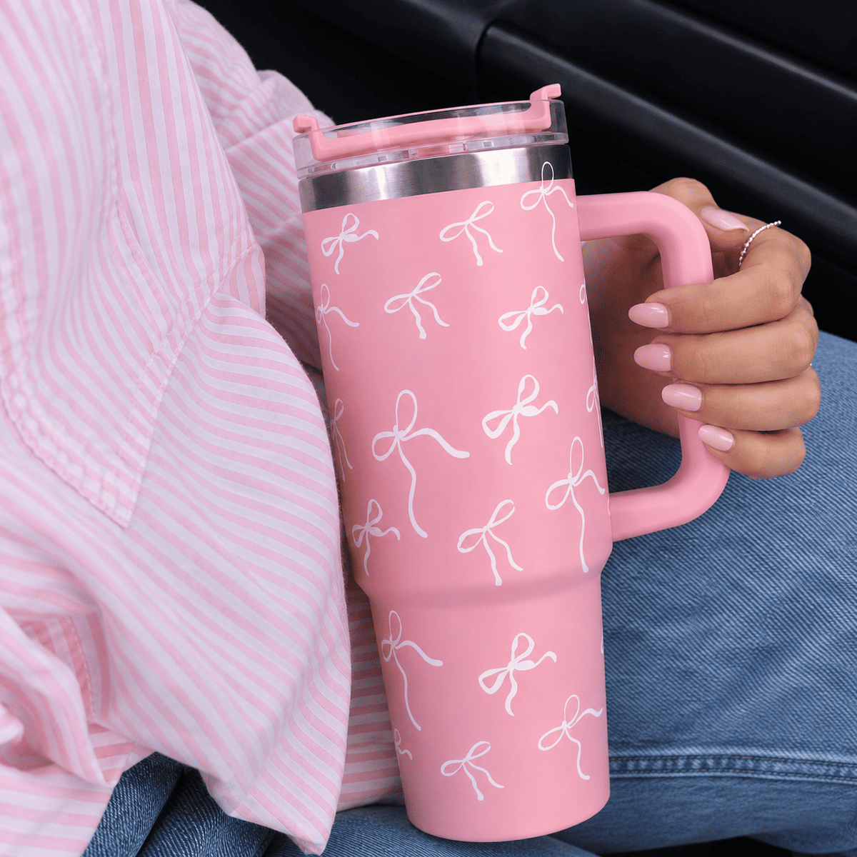 Personalized Pink Bow Insulated Tumbler with Handle & Straw