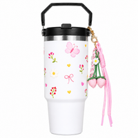 Butterfly & Floral Print Tumbler with Handle | Reusable Travel Cup (RANDOM CHARM )