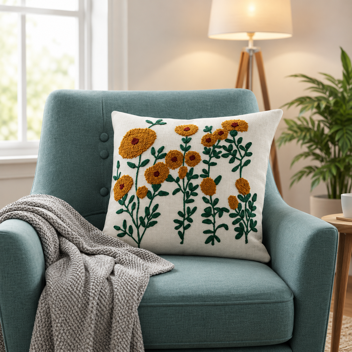 Marigold Floral Embroidered Cushion Covers – Set of 2, 16 × 16 Inch