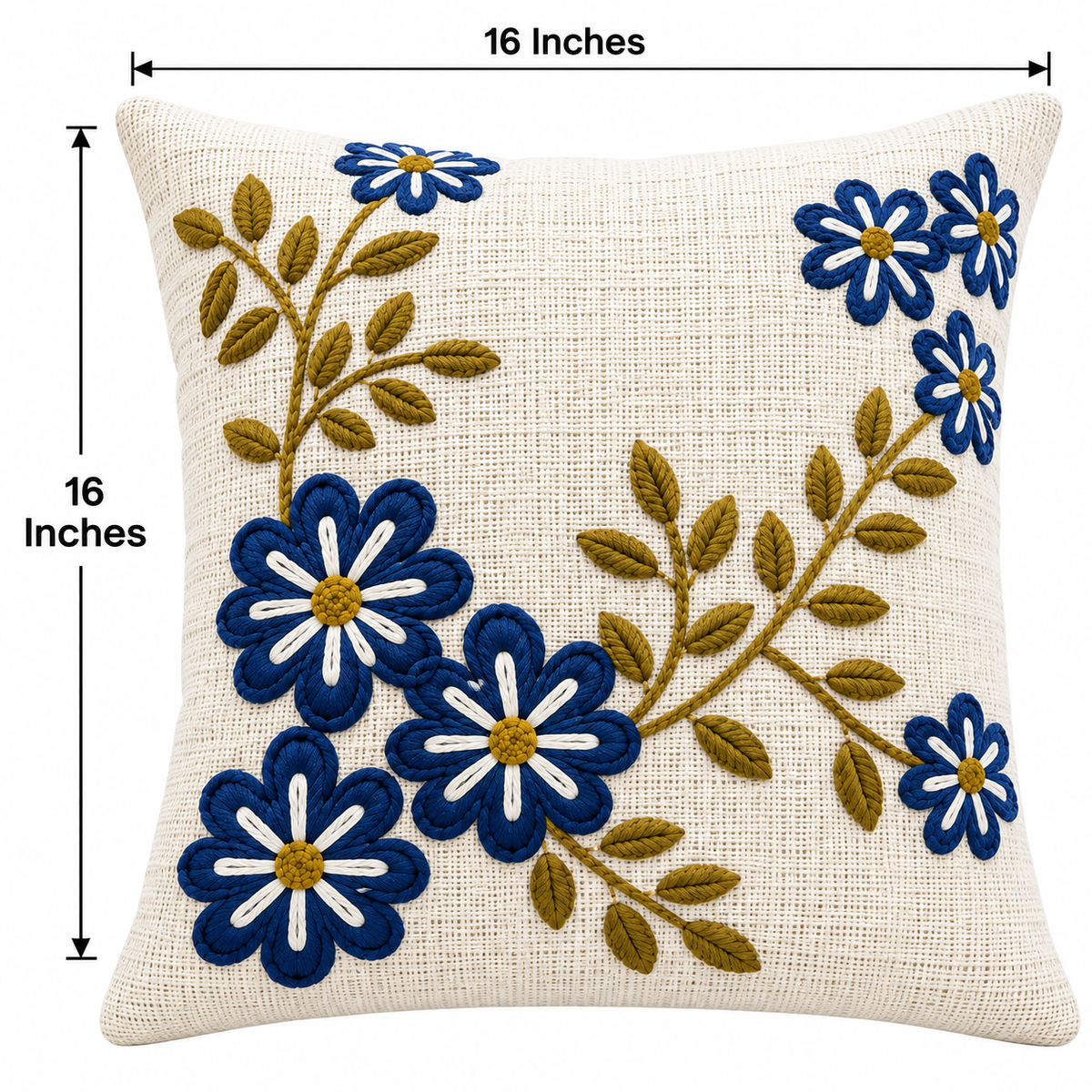Blue Floral Embroidered Cushion Covers – Set of 2, 16 × 16 Inch