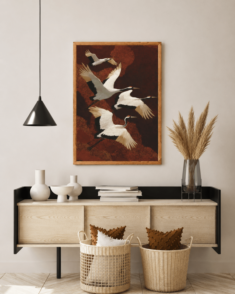 Premium red crane canvas wall art for living room decor