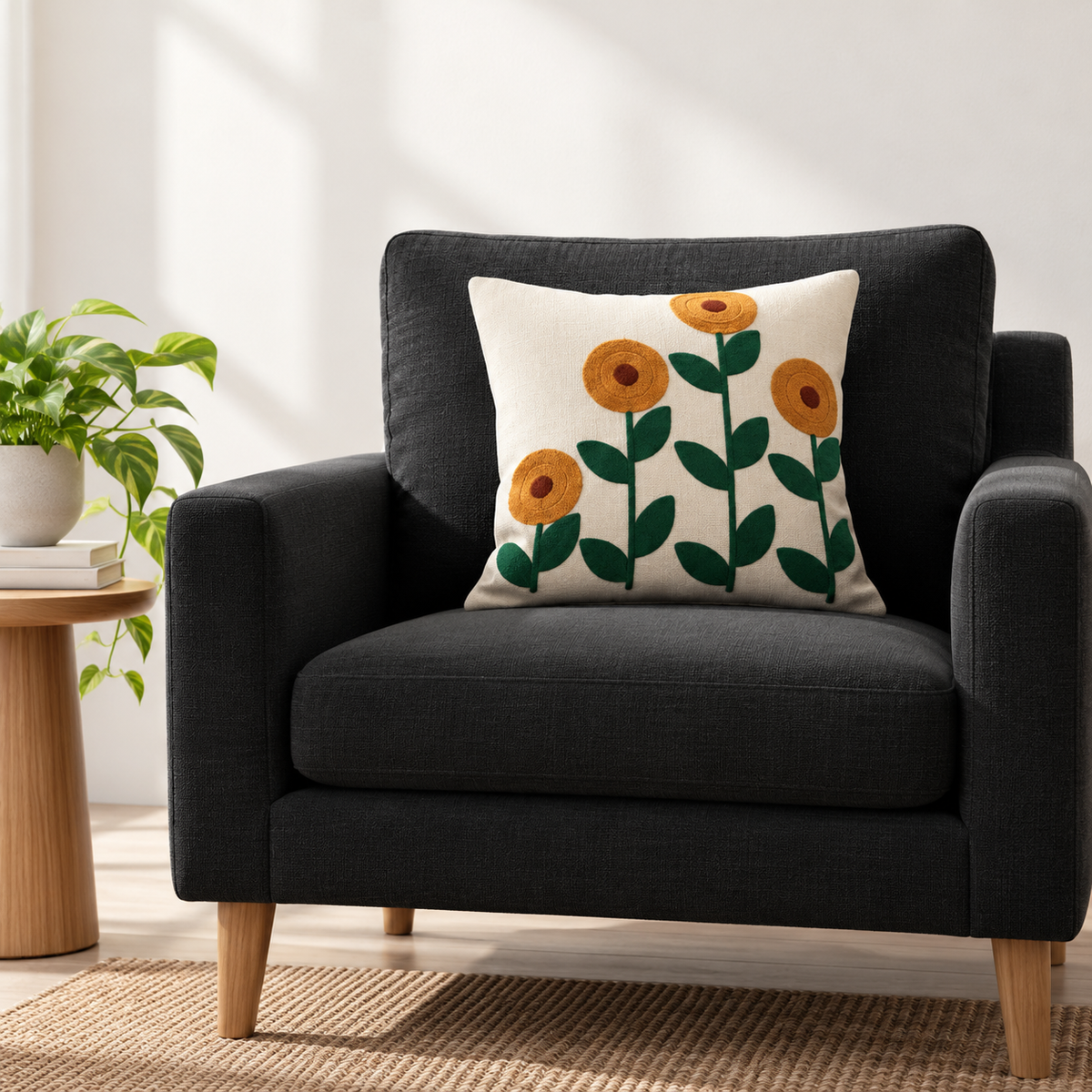 Sunflower Embroidered Cushion Covers – Set of 2, 16 × 16 Inch