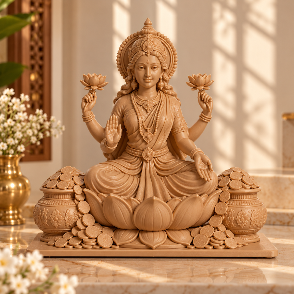 Goddess Lakshmi  Idol with Lotus & Coin Details | Spiritual Home Décor | Pooja Mandir