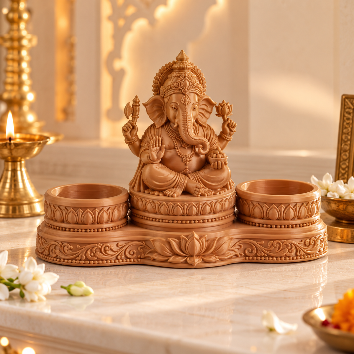 Lord Ganesh Idol with Dual Diya Holders | Intricate Spiritual Home Décor | Pooja Mandir Showpiece