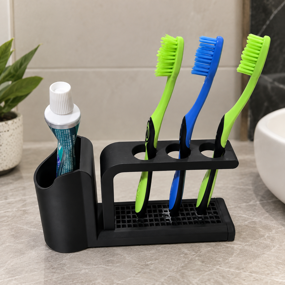 3 Slot Toothbrush Holder with Toothpaste Stand | Bathroom Toothbrush Organizer | Drainage Base