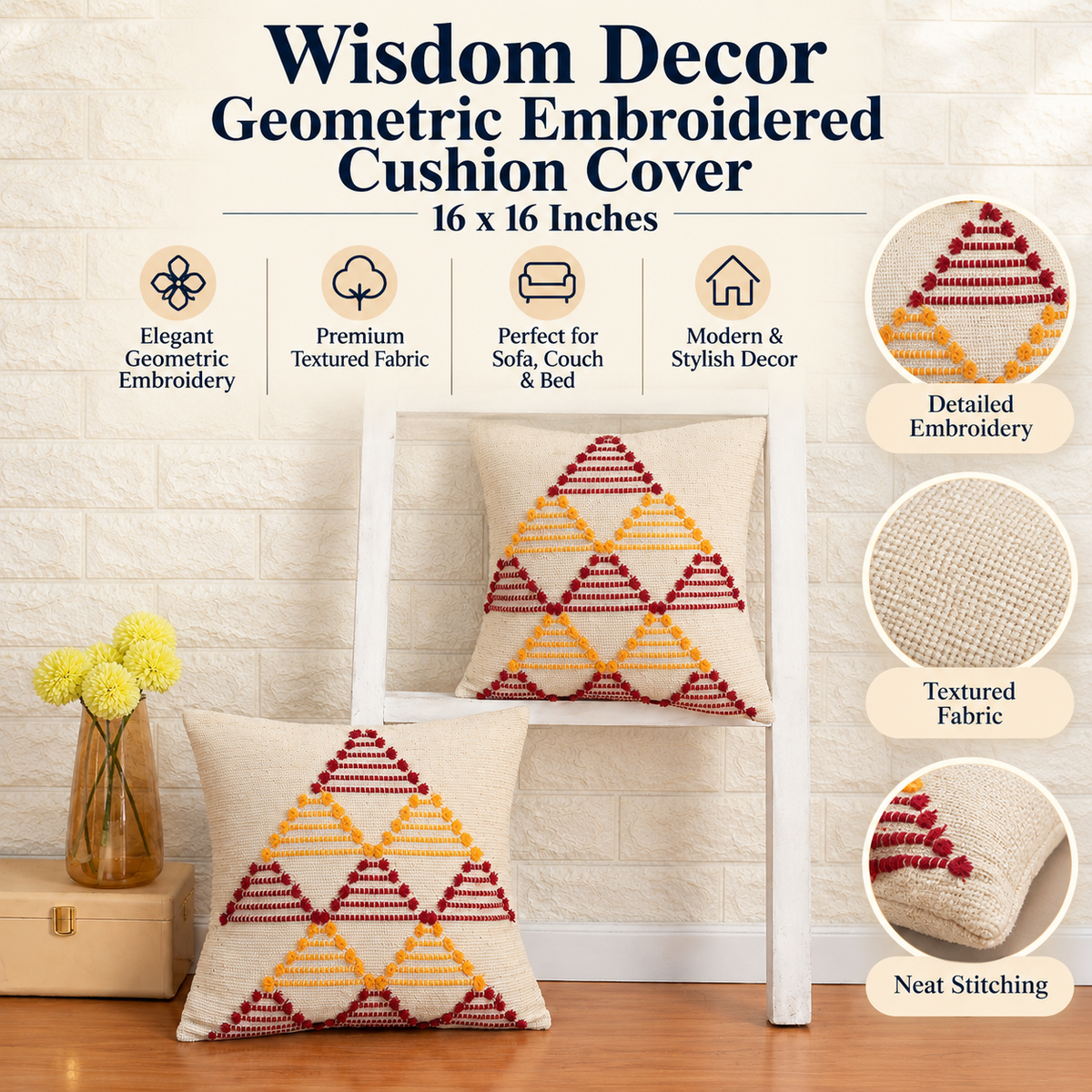 Red and Orange  Pattern Embroidered Cushion Covers for Sofa & Bed – Set of 2