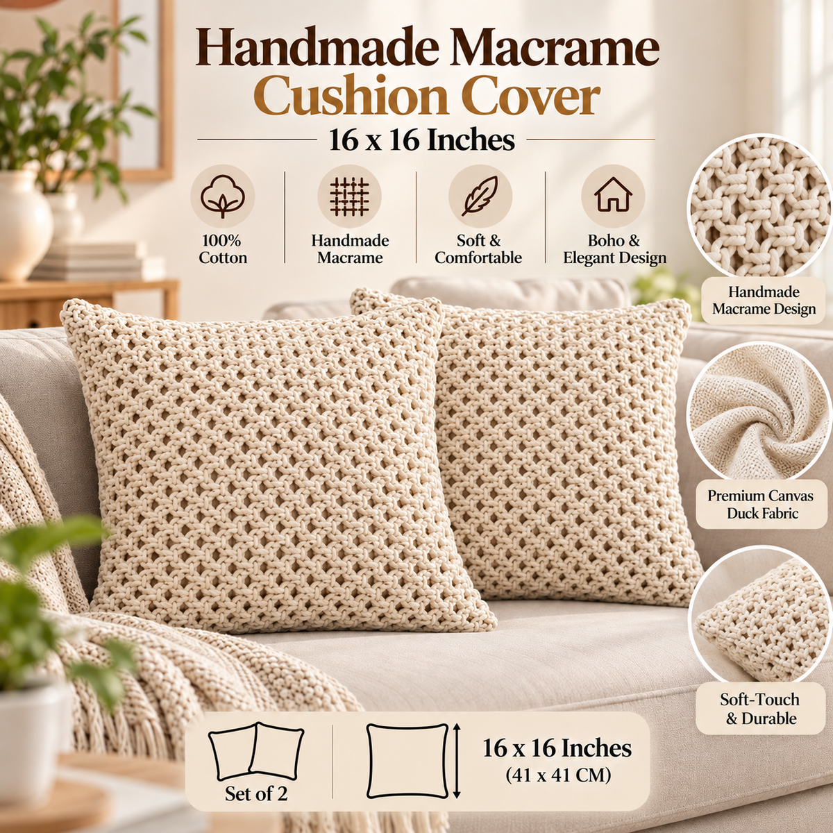 Chunky Knit Cushion Covers – Set of 2, 16 × 16 Inch
