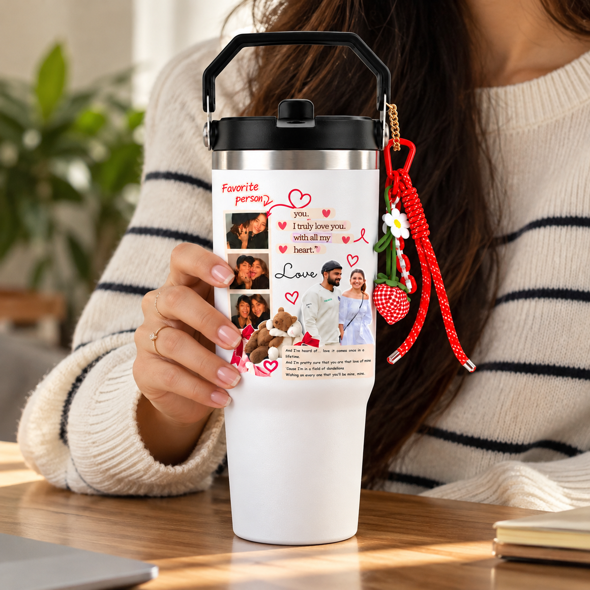 Personalised Photo Collage Tumbler with Handle, Love Message & Decorative Charms