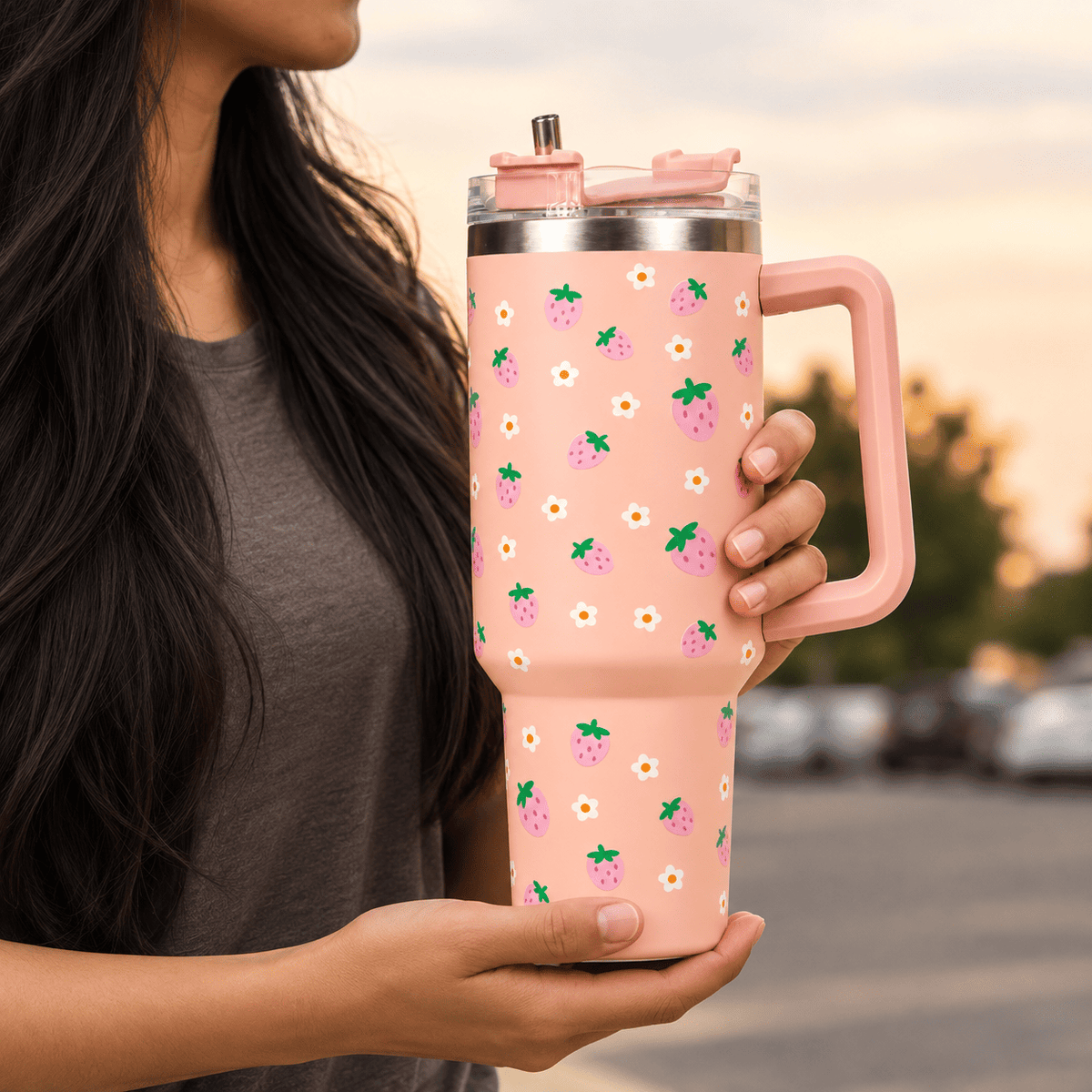 Peach Strawberry Tumbler with Straw & Handle – Cute Pink Fruit Print Travel Tumbler