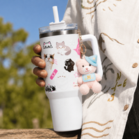 White Cat Print Tumbler with Straw & Handle – Cute Aesthetic Travel Tumbler