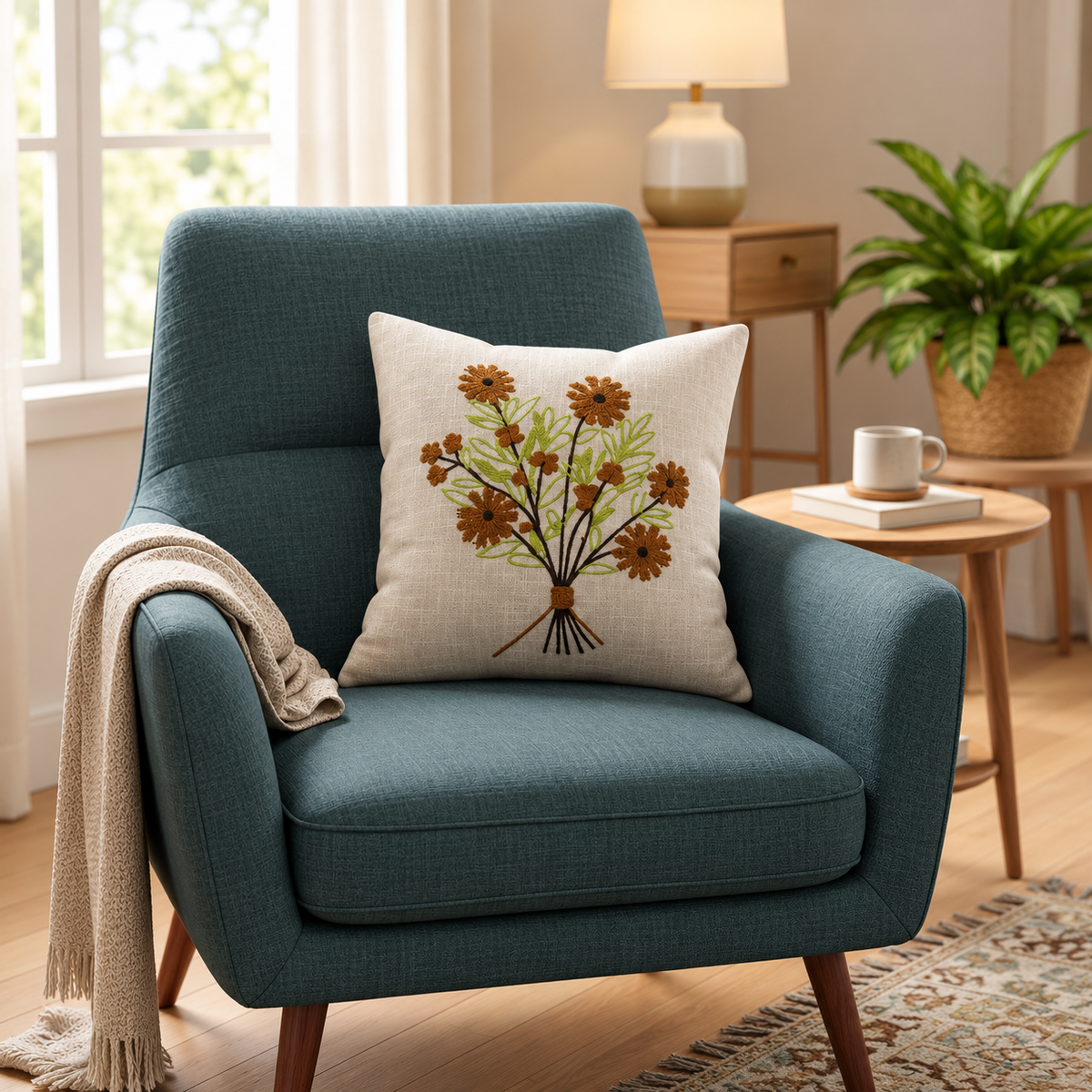 Sunflower Bouquet Embroidered Cushion Covers – Set of 2, 16 × 16 Inch
