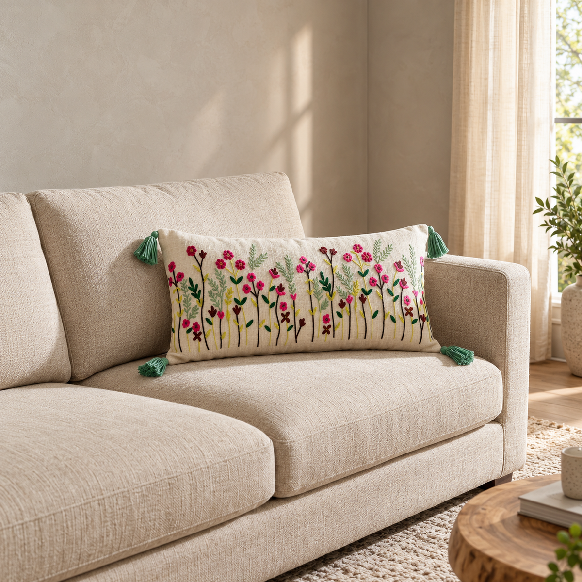 Wildflower Garden Embroidered Lumbar Cushion Cover 14×36 Inch
