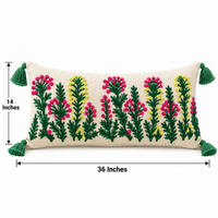 Pink Flower Floral Embroidered Lumbar Cushion Cover with Tassels – 14 × 36 Inch