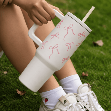 Pink Ribbon Bow Stainless Travel Tumbler with Handle & Straw