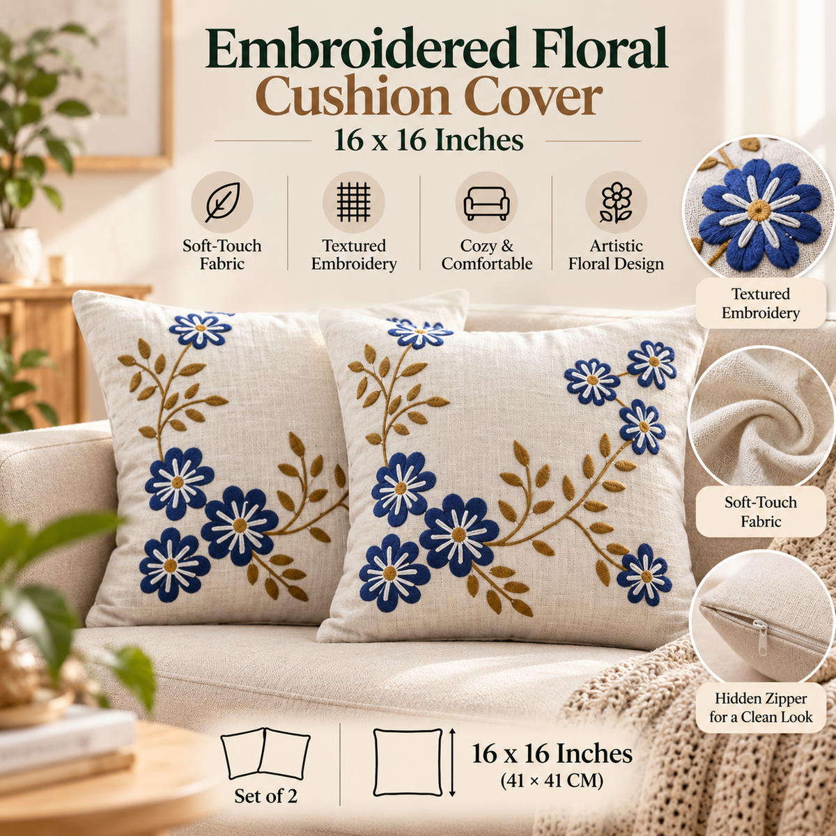Blue Floral Embroidered Cushion Covers – Set of 2, 16 × 16 Inch