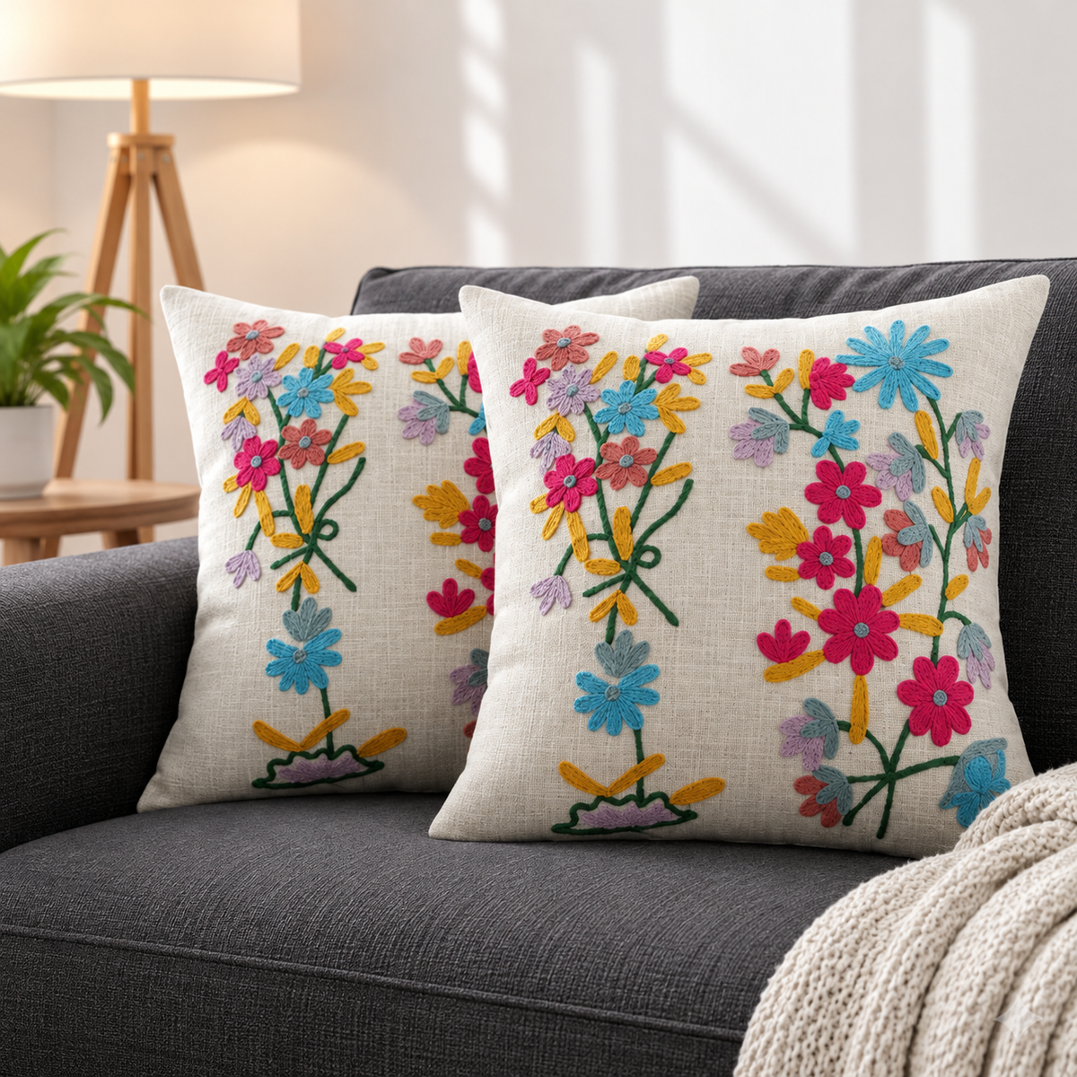Multicolor Floral Embroidered Cushion Covers – Set of 2, 16 × 16 Inch