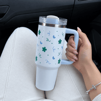 Blue Floral & Heart Print Tumbler – Insulated Travel Tumbler with Handle & Straw