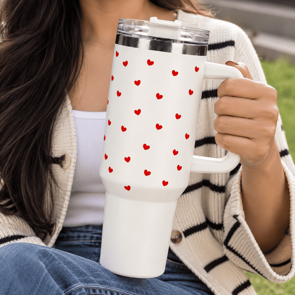 Cute Red Heart Print White Stainless Steel Tumbler with Handle