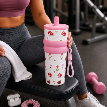 Floral & Mushroom Stainless Steel Insulated Tumbler with Straw & Carry Loop