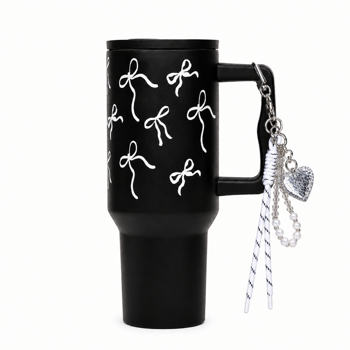 Blush Bloom Black  Travel Tumbler with Handle | Insulated Coffee Mug with Lid | Reusable Water Cup