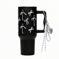 Blush Bloom Black  Travel Tumbler with Handle | Insulated Coffee Mug with Lid | Reusable Water Cup