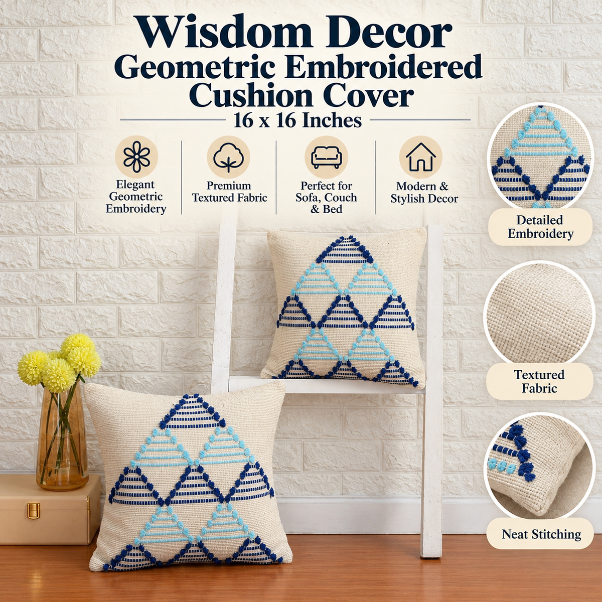 Blue Pattern Embroidered Cushion Covers for Sofa & Bed – Set of 2