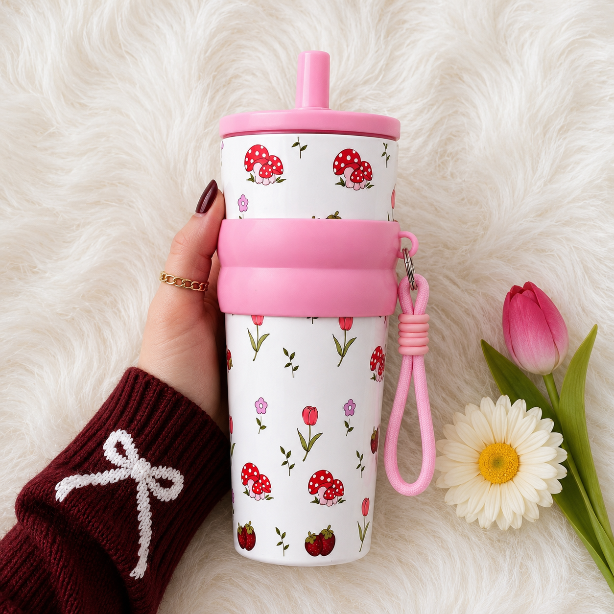 Floral & Mushroom Stainless Steel Insulated Tumbler with Straw & Carry Loop