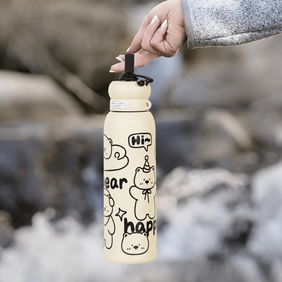 Happy Bear Stainless Steel Water Bottle - Memories InsiteHAPPY BLACK BEAR SHIPPER BOTTLE - 650 ML
