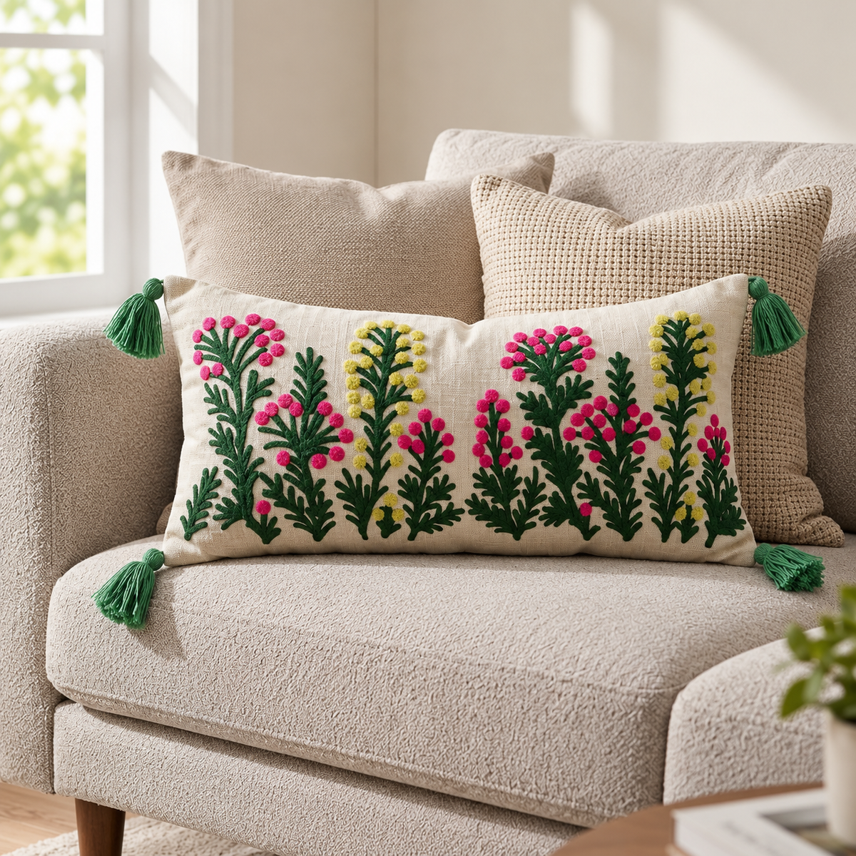 Pink Flower Floral Embroidered Lumbar Cushion Cover with Tassels – 14 × 36 Inch