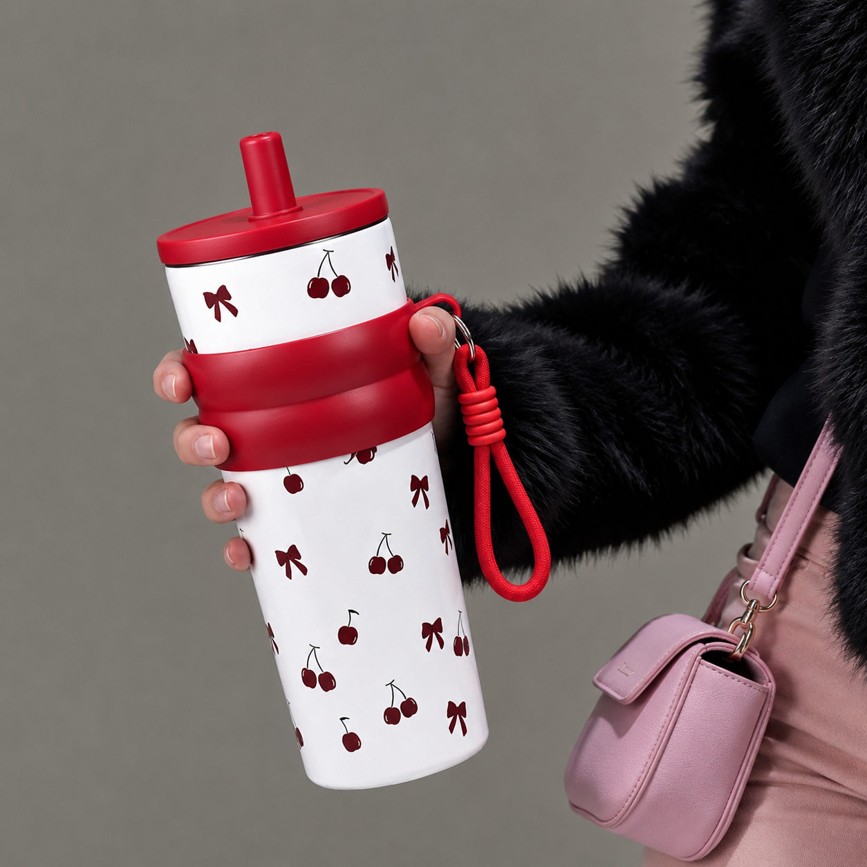 Cherry Print Stainless Steel Insulated Tumbler with Straw & Carry Loop