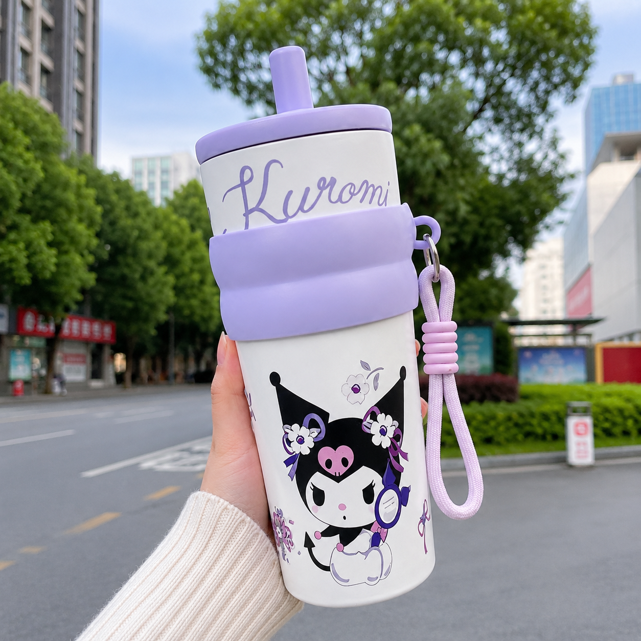 Kuromi Stainless Steel Insulated Tumbler with Straw & Carry Loop