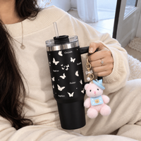 Black Butterfly Print Tumbler with Straw & Handle – Insulated Travel Tumbler