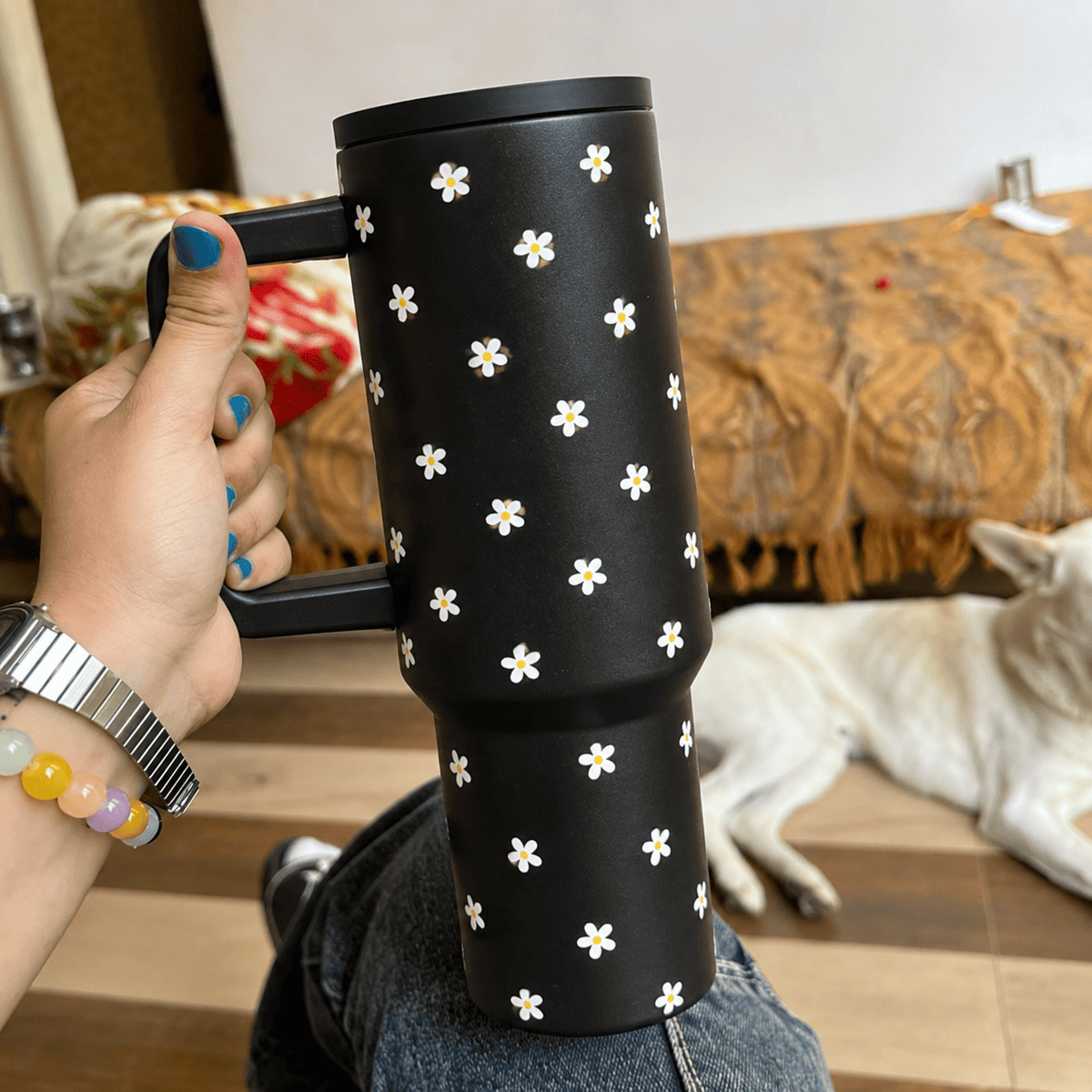 Black Daisy Stainless Steel Travel Tumbler with Handle