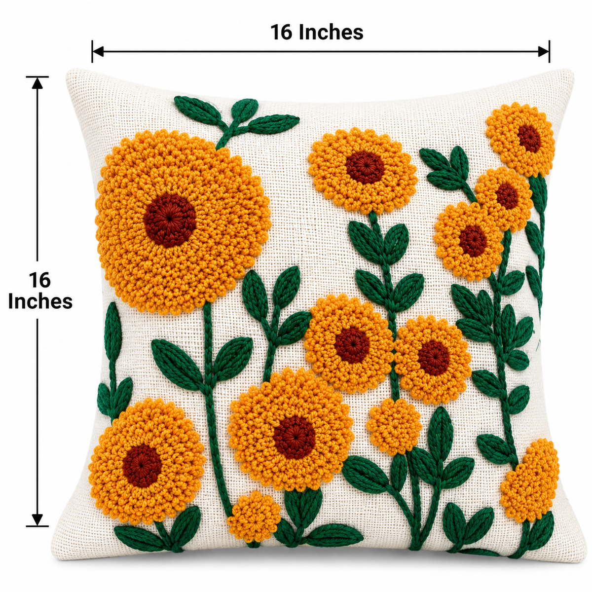 Marigold Floral Embroidered Cushion Covers – Set of 2, 16 × 16 Inch