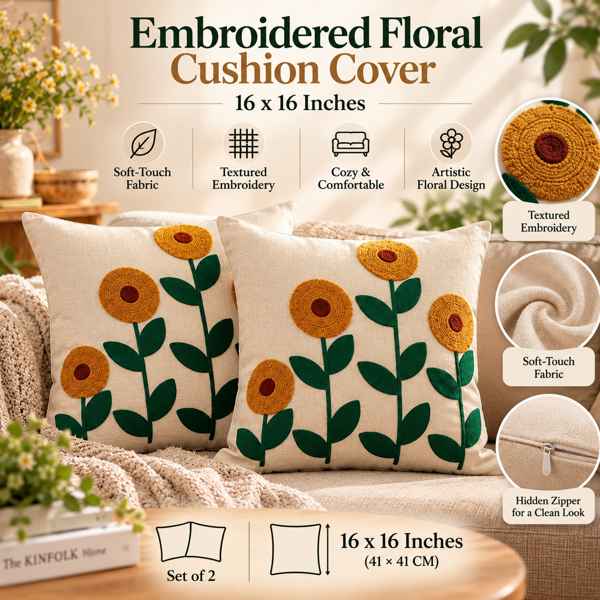 Sunflower Embroidered Cushion Covers – Set of 2, 16 × 16 Inch