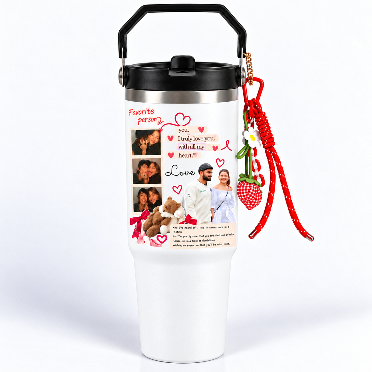 Personalised Photo Collage Tumbler with Handle, Love Message & Decorative Charms
