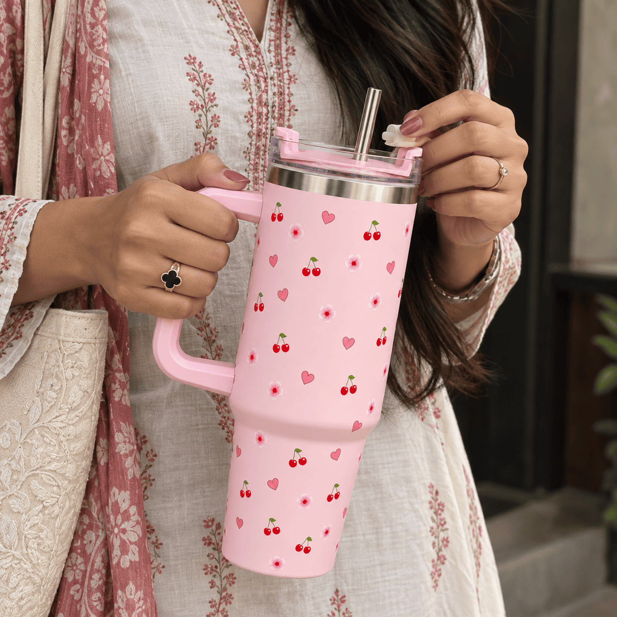 Personalised Pink Cherry & Floral Print Tumbler – Insulated Travel Tumbler with Handle & Straw