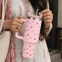 Personalised Pink Cherry & Floral Print Tumbler – Insulated Travel Tumbler with Handle & Straw