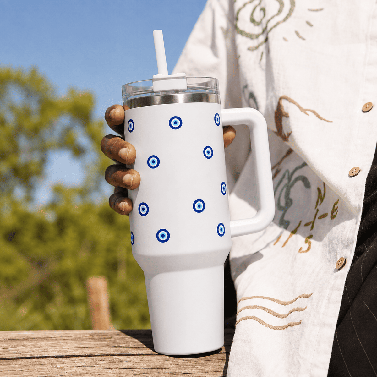 White Evil Eye Print Tumbler with Straw & Handle