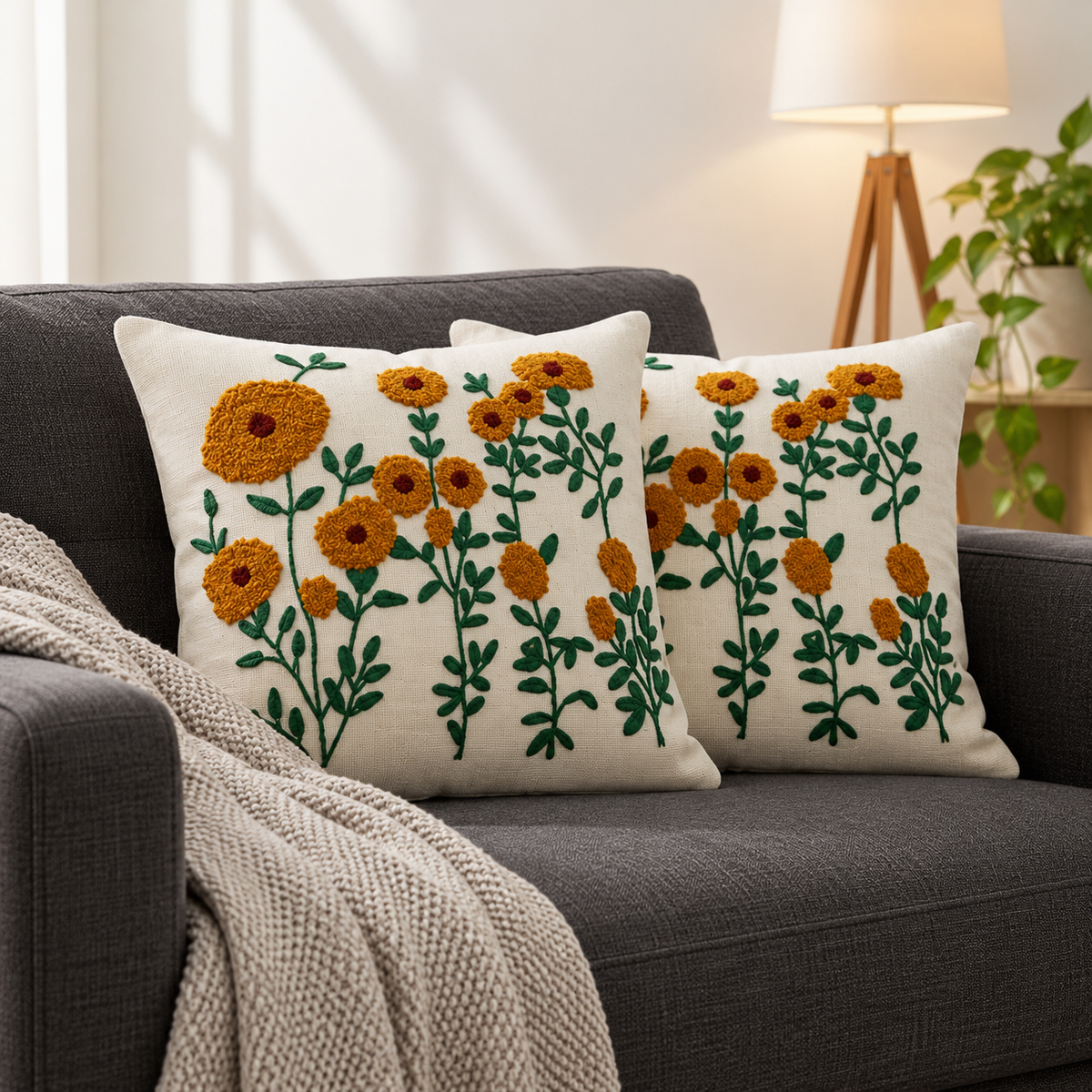 Marigold Floral Embroidered Cushion Covers – Set of 2, 16 × 16 Inch