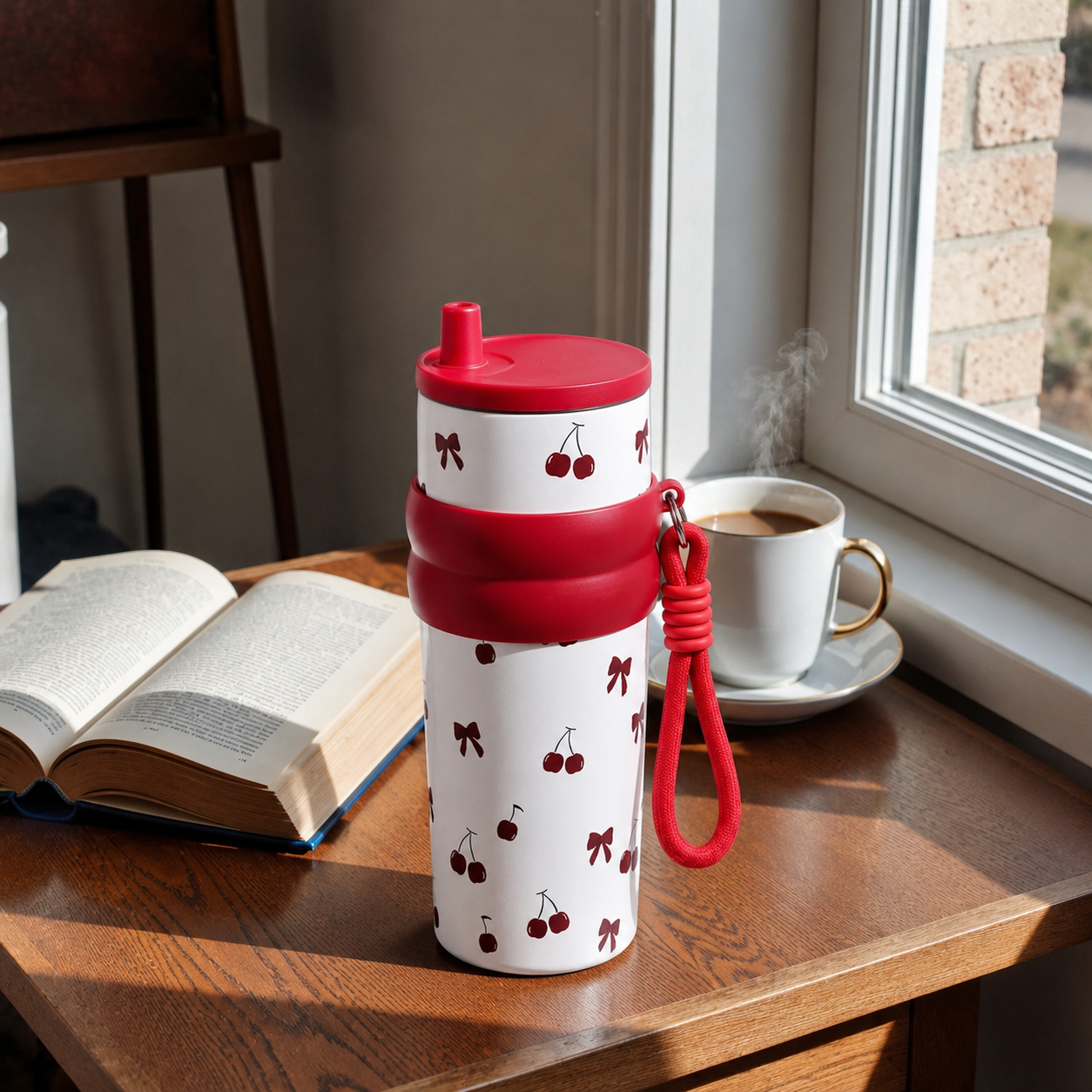 Cherry Print Stainless Steel Insulated Tumbler with Straw & Carry Loop