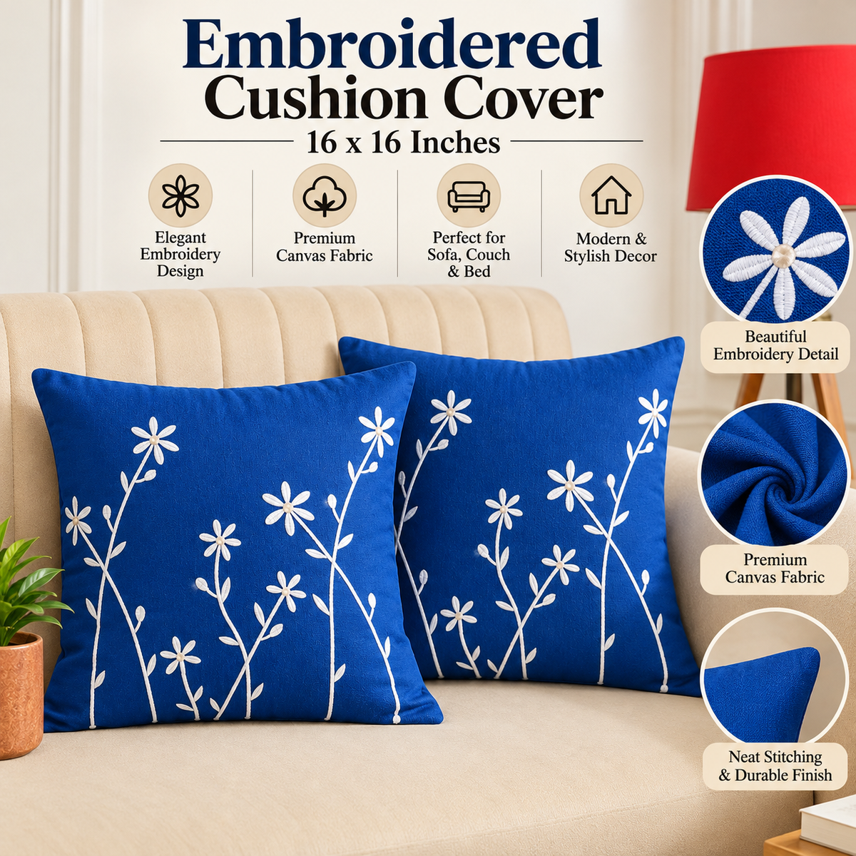 Blue Color Vine Embroidered Cushion Covers – Set of 2