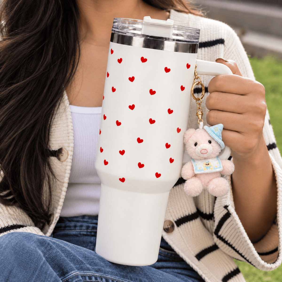 Cute Red Heart Print White Stainless Steel Tumbler with Handle