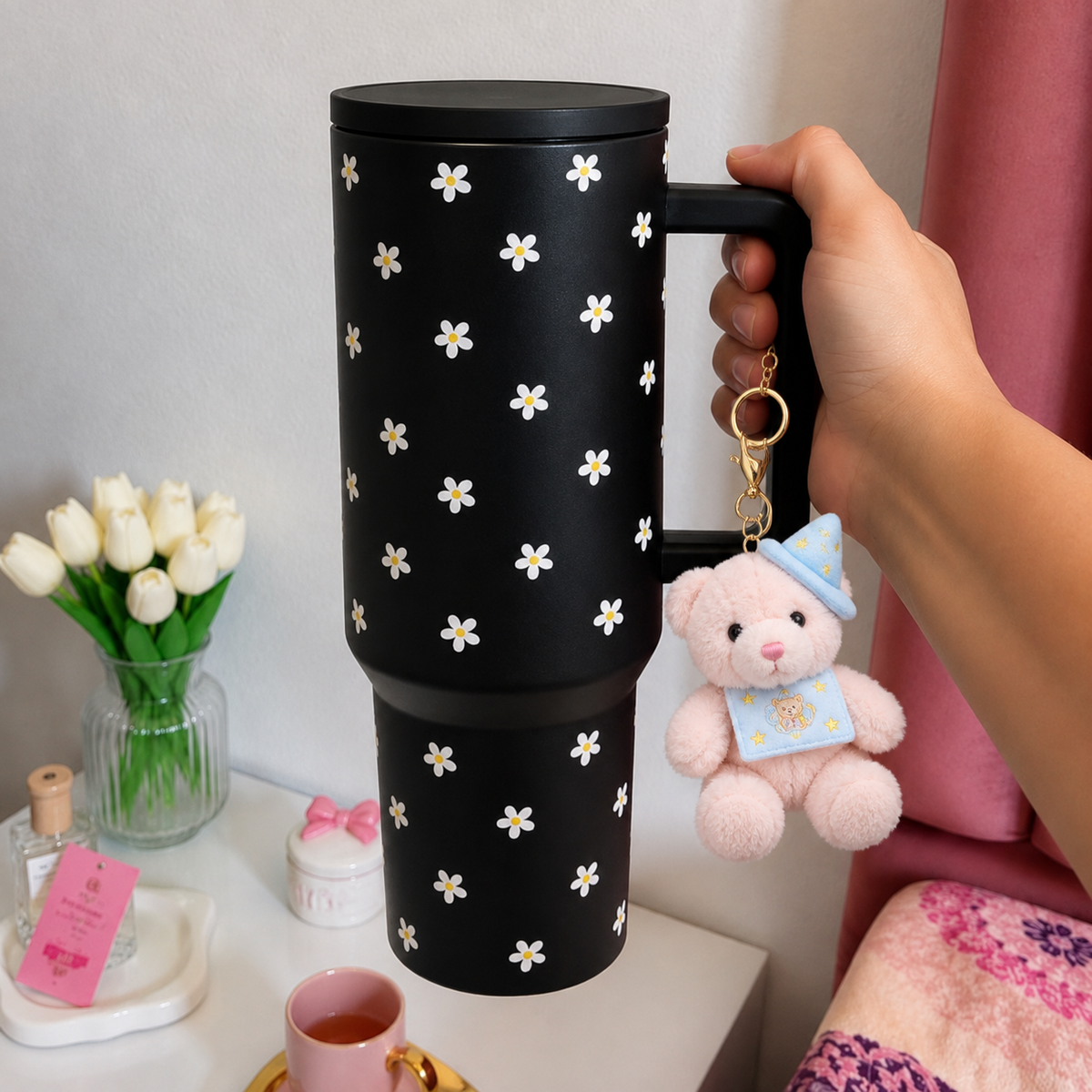 Black Daisy Stainless Steel Travel Tumbler with Handle