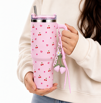 Personalised Pink Cherry & Floral Print Tumbler – Insulated Travel Tumbler with Handle & Straw