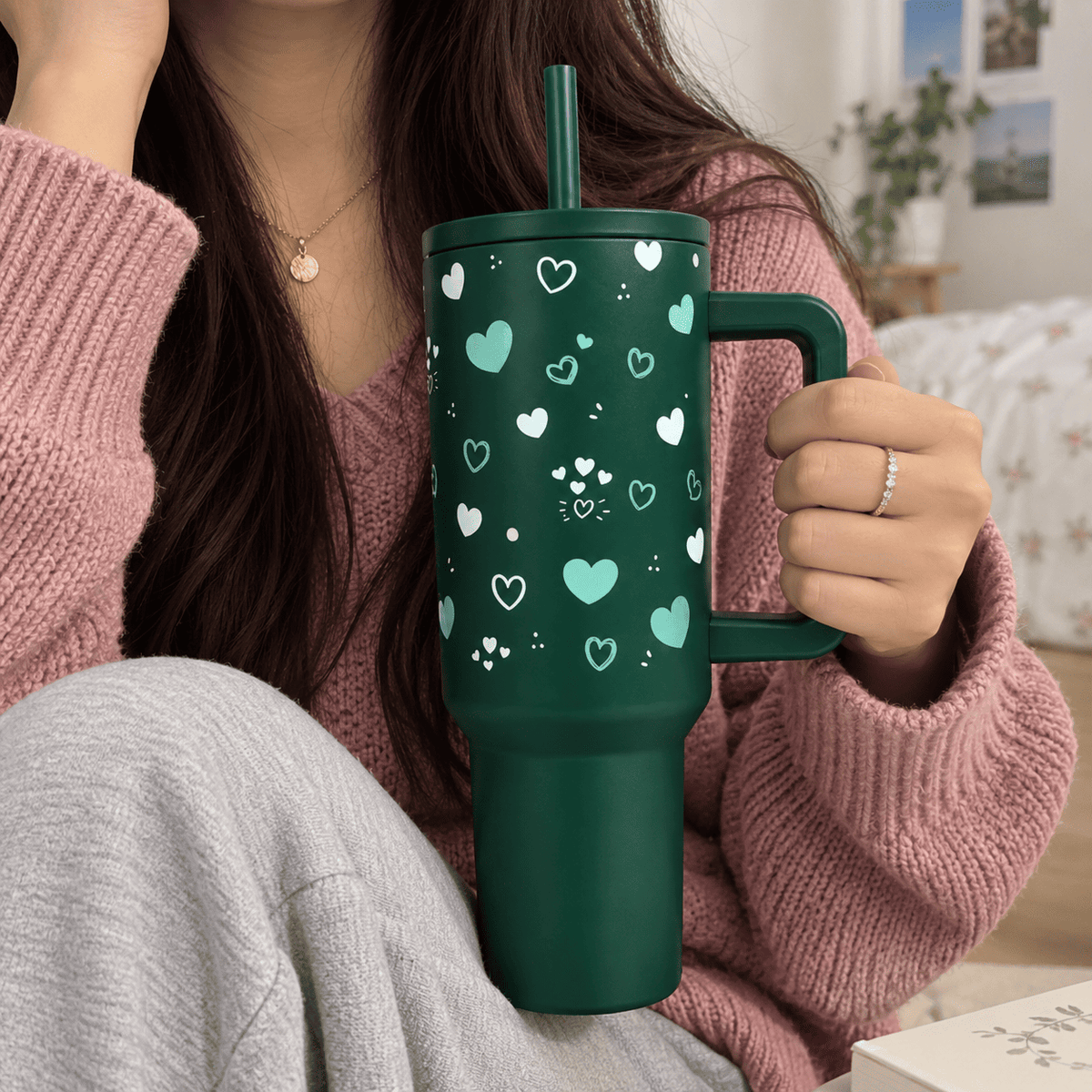 Green Heart Print Tumbler with Straw & Handle