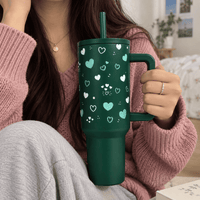 Green Heart Print Tumbler with Straw & Handle