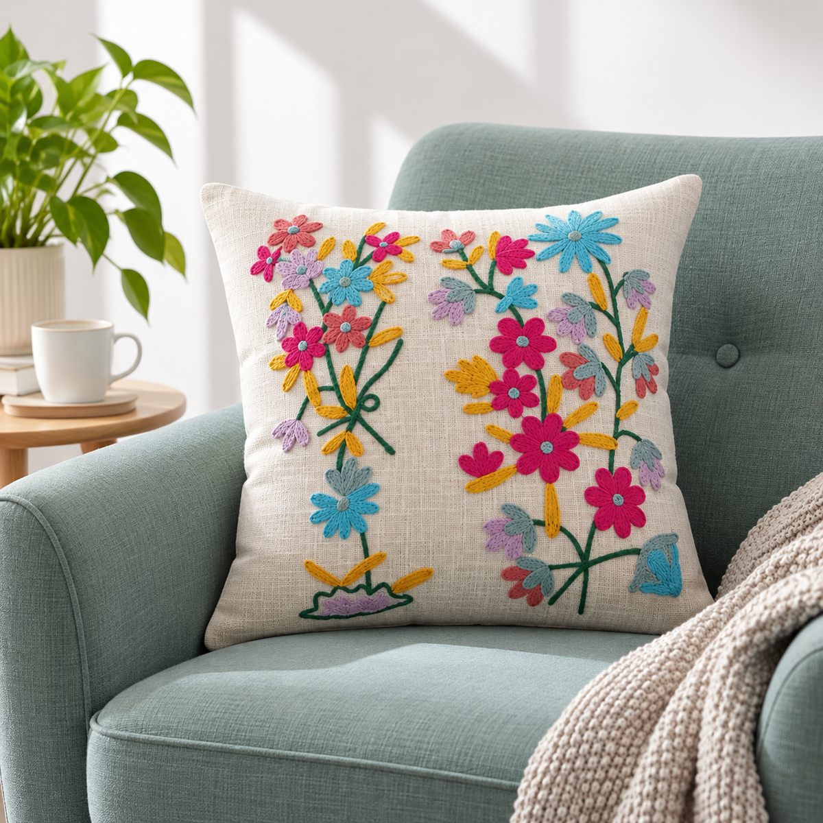 Multicolor Floral Embroidered Cushion Covers – Set of 2, 16 × 16 Inch