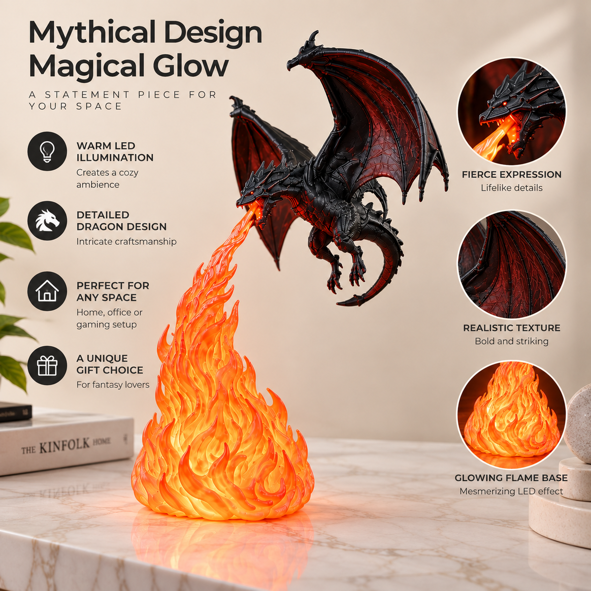 3D Dragon Flame Lamp | LED Dragon Night Light with Fire Effect | Fantasy Decor Lamp