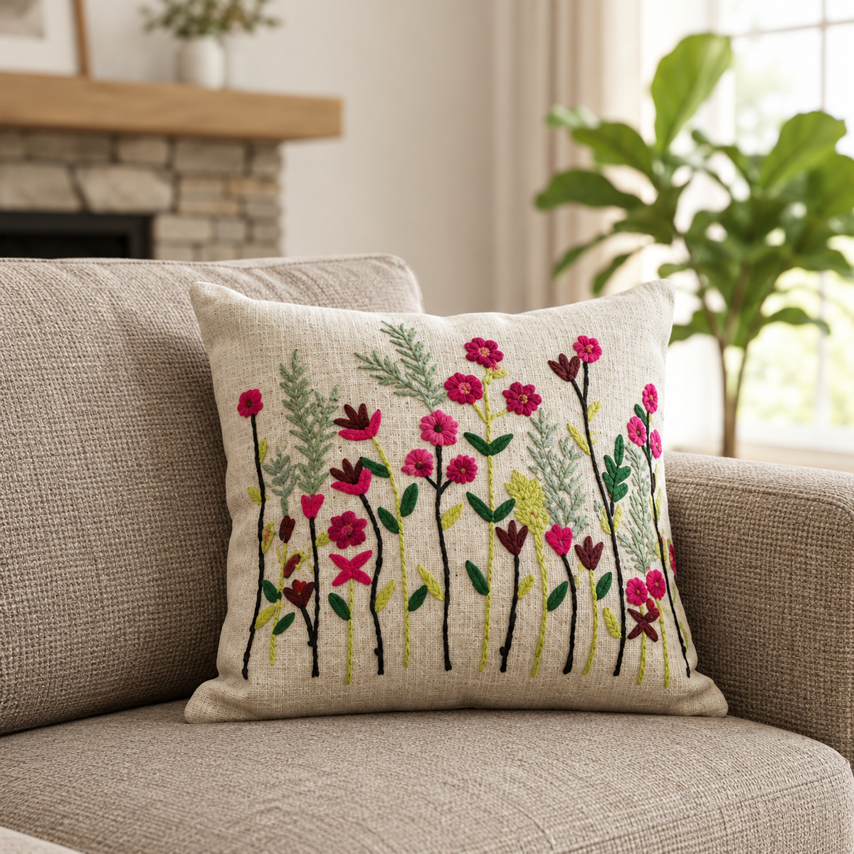 Wildflower Embroidered Cushion Covers with Tassels – Set of 2, 16 × 16 Inch